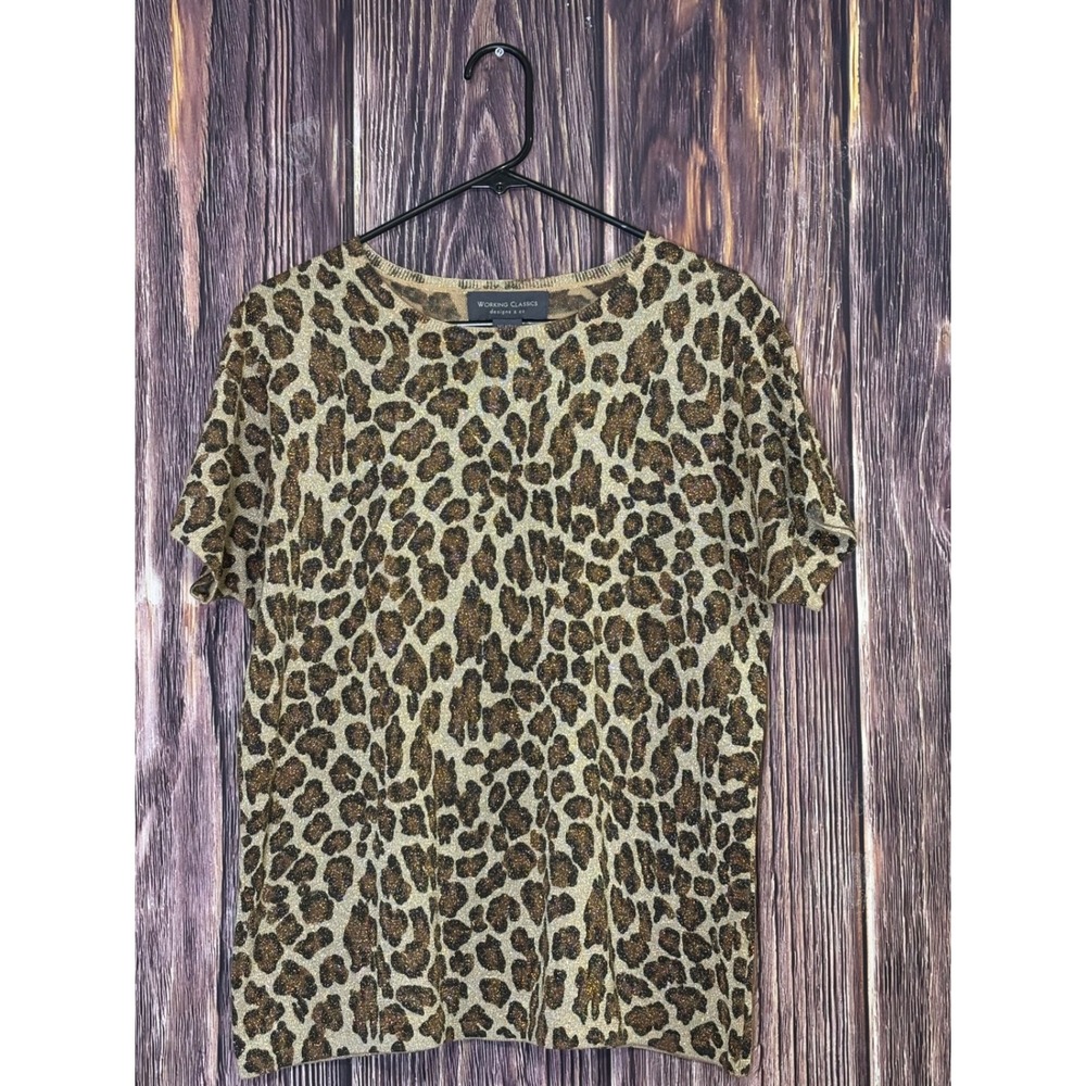 Working Classics Leopard Print Metallic Knit Top Women Size 14/16 Short Sleeve